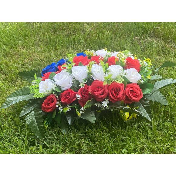 Patriotic Red White Blue Rose Flag Memorial Floral Arrangement Grave Decor - Picture 2 of 6
